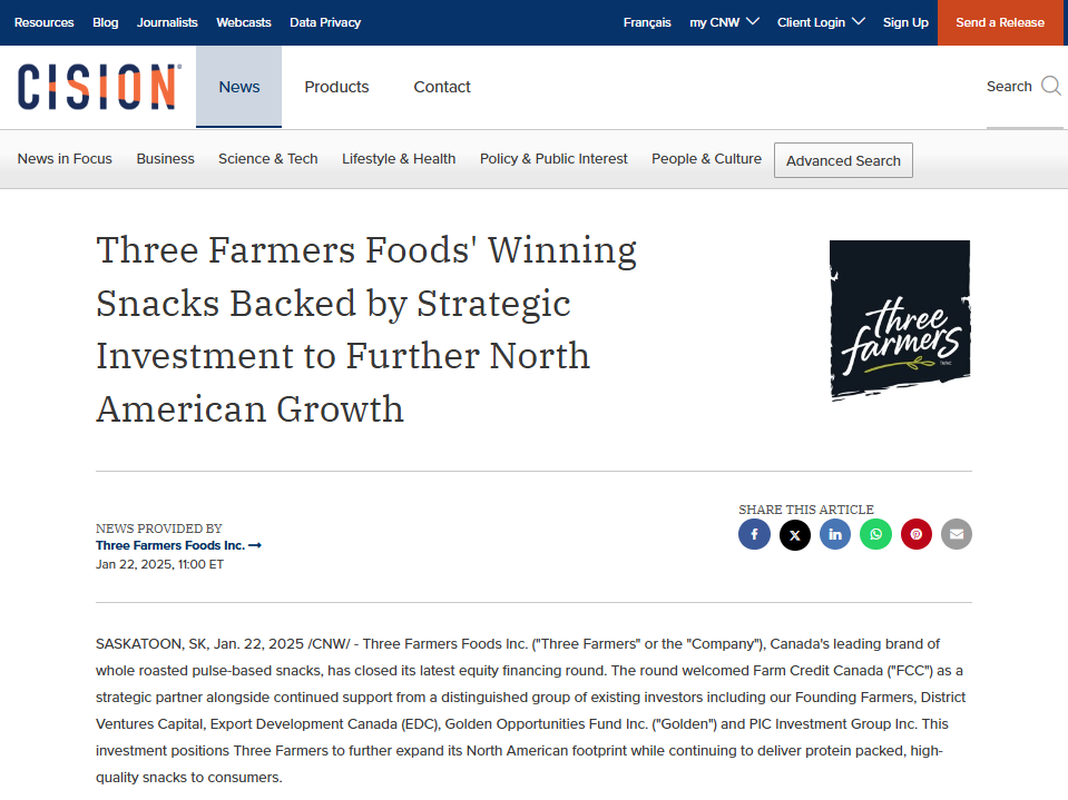 Three Farmers Winning Snacks Backed by Strategic Investment to Further North American Growth