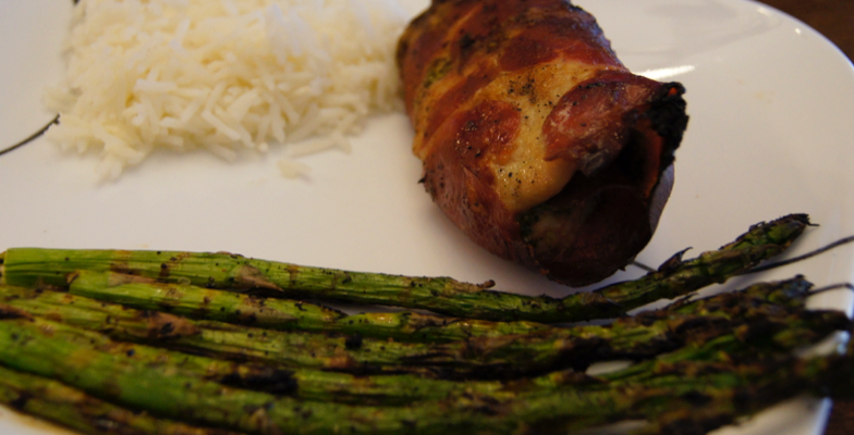 Prosciutto Wrapped Pesto Chicken with Grilled Asparagus Spears